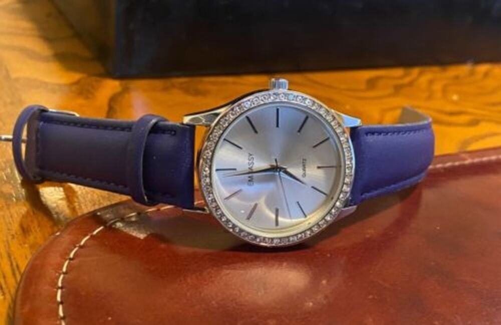Women's 38mm Silver Tone Embassy Watch, Crystal Accents, Purple Band